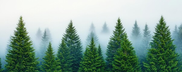 Aufkleber - National park scenic landscapes idea. Mist envelops a lush forest of tall evergreen trees in serene nature.