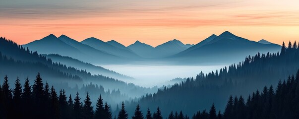 Poster - Mountain range landscapes concept. Serene mountain landscape with mist and soft sunset lighting, perfect for relaxation.