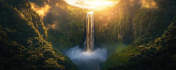 Aufkleber - National park scenic landscapes idea. A breathtaking waterfall cascading through lush greenery and illuminated by sunlight.