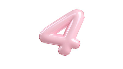 Fototapete - A 3D rendering of a smooth shiny pink foil balloon in the shape of the number 4 floating with a soft shadow effect against a transparent background