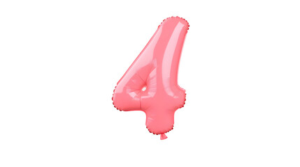 Fototapete - A 3D rendering of a smooth polished pink number 4 foil balloon with a floating effect and soft shadow set against a clean white background