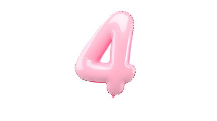 Fototapete - Vibrant pink foil balloon in the shape of the number 4 with a smooth glossy and reflective metallic finish appearing to float effortlessly against a clean minimalist white background