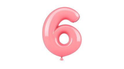 Fototapete - A shiny three dimensional metallic pink foil balloon in the shape of the number 6 floating effortlessly against a clean transparent background with soft lighting and reflections