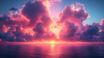 Wall Mural - Vivid ocean sunset with pink clouds reflecting on water, serene ambiance. Nature tranquility concept