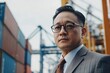 © Sean Hoong - A professional Asian businessman and secretary at a port, overseeing the logistics of container cargo shipping in the import/export industry.