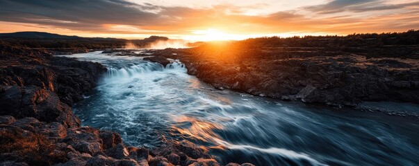 Poster - River rapids landscapes harmonious concept. A serene river flows through rocky terrain under a vibrant sunset sky.
