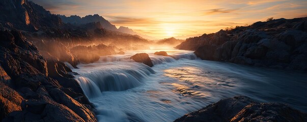 Poster - River rapids landscapes harmonious concept. A serene landscape showcasing a river flowing through rocks at sunset.