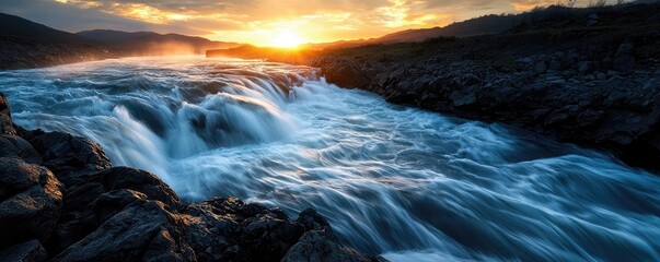Poster - River rapids landscapes harmonious concept. A stunning sunset illuminating a flowing river and surrounding scenery.