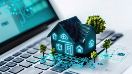 Poster - A laptop computer screen displaying various digital home related icons representing technological advancements in the real estate and residential sectors