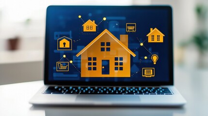 Poster - a laptop computer screen displaying a variety of digital home icons and symbols representing various