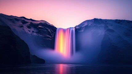 Poster - Rainbow waterfall landscapes harmonious concept. Stunning sunset over waterfall with vibrant colors and misty scenery.