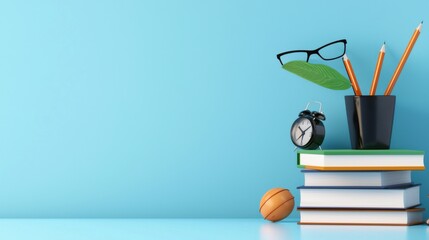 Poster - a neatly arranged desk with essential learning tools like books eyeglasses and stationery reflecting