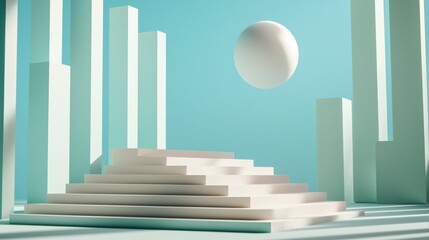 Poster - a minimalist pastel toned 3d scene featuring a series of geometric stairs cubes and a sphere creatin
