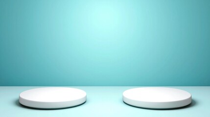 Poster - Two simple white circular platforms or pedestals on a pastel teal background creating a minimalist and contemporary display for product or scene presentation
