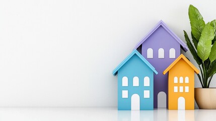 Poster - Colorful and whimsical miniature houses arranged in a modern minimalist style creating a visually appealing and harmonious home decor display