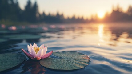 Poster - Water lily pond landscapes harmonious concept. A serene water lily blooms on a tranquil lake at sunrise, surrounded by peaceful nature.
