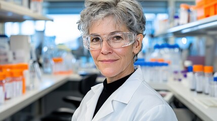 Poster - A focused and dedicated scientist in a white lab coat standing in a research laboratory surrounded by scientific equipment and examining samples as part of the development of new medicines