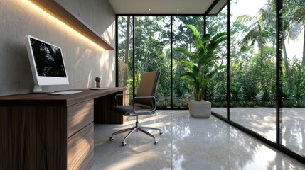 Poster - This modern minimalist home office design seamlessly blends productivity and comfort offering a tranquil workspace with a beautiful natural view