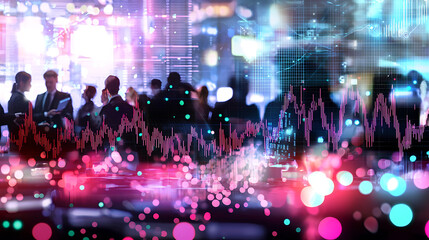 Fototapete - Dynamic business event in urban setting with data visualization vibrant environment futuristic concept