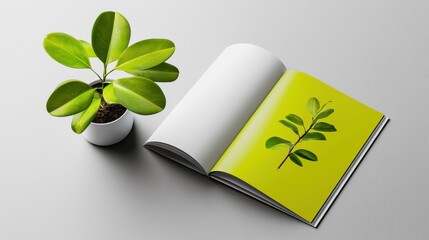 Poster - A lush green plant resting on a plain white surface alongside an open book showcasing its simple and elegant design evoking a sense of knowledge growth and natural