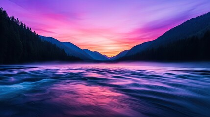 Poster - River rapids landscapes harmonious concept. Serene river under a beautiful purple and orange sunset in a majestic mountainous setting.