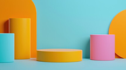 Poster - Vibrant geometric shapes in pastel colors create a modern minimalist backdrop for digital marketing and product showcasing