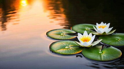 Poster - Water lily pond landscapes harmonious concept. Beautiful water lilies floating on a serene pond at sunset, surrounded by lush greenery.