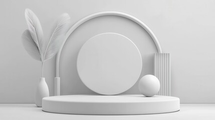 Poster - A minimalist contemporary stage set featuring soft pastel toned geometric forms a circular platform and a feather like accent all in a muted monochrome palette