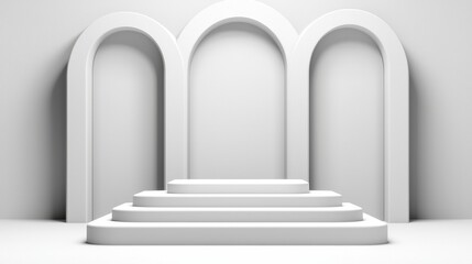 Poster - A minimal modern 3D rendered stage set with arched backdrops in a soft pastel monochrome color scheme providing a clean and elegant backdrop for various events exhibitions or product presentations