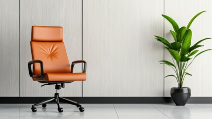 Poster - A sleek and sophisticated leather office chair positioned in a minimalist and elegant workspace accented by a potted plant for a touch of nature