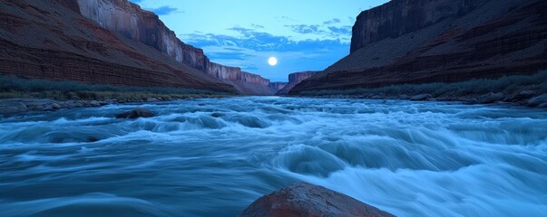 Aufkleber - River rapids landscapes harmonious concept. A serene river scene at dusk, surrounded by towering canyon walls and flowing water.