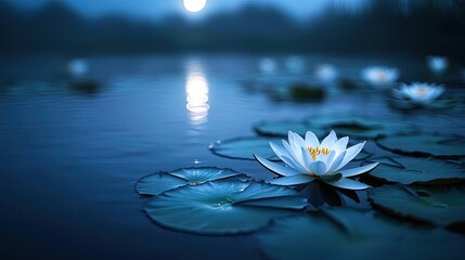 Poster - Water lily pond landscapes harmonious concept. A serene water lily blooms peacefully in a tranquil blue pond at dusk.