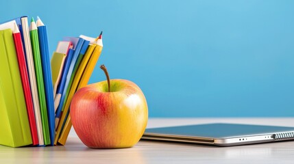 Poster - A bright and organized computer desk featuring a variety of colorful books stationery and a laptop creating an inspiring and productive academic or work environment