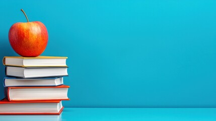 Poster - A colorful and organized desk featuring a stack of textbooks and a vibrant red apple symbolizing the pursuit of knowledge and academic success