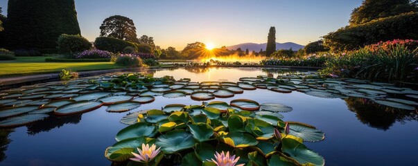 Poster - Water lily pond landscapes harmonious concept. A serene sunset view over a tranquil pond filled with water lilies.