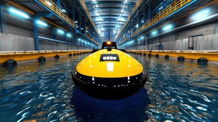 Poster - A large yellow autonomous cargo submarine floating in a warehouse like production facility surrounded by metal structures and industrial lighting