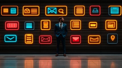 Confident businessman standing before glowing digital interface icons.