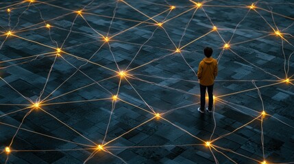 Poster - A solitary human figure stands amidst a vast illuminated grid of interconnected lights representing the intricate web of digital connectivity and technology that shapes our modern world