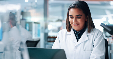 Poster - Research, science and woman in lab, laptop and internet with medical analysis, email and test results. Person, innovation or researcher with tech, cure and digital app with online reading or solution