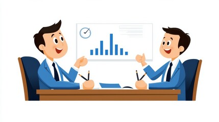 Poster - Two business professionals in suits sitting at a table in a conference room reviewing charts and graphs on a screen to discuss business strategy and make informed decisions