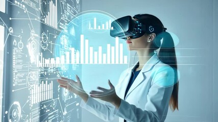 Poster - VR in the Digital Realm: A woman immerses herself in a virtual reality environment, surrounded by glowing digital interfaces, as she interacts with futuristic technology