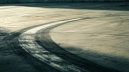 Poster - Tire Skid Marks in a Deserted Parking Area Under Soft Light