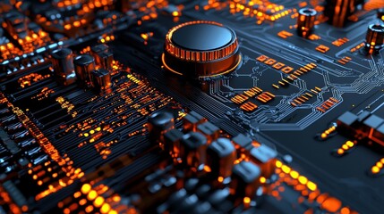 Poster - Close up view of a complex futuristic digital circuit board with a network of intricate electronic components illuminated by vibrant orange lights against a dark background