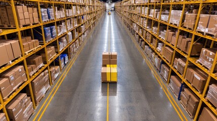 Poster - Interior of a large industrial warehouse filled with rows of metal shelving units holding numerous stacked boxes and packages