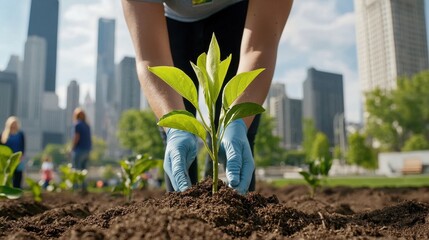 Poster - a person s hands planting a young seedling in soil against the backdrop of a modern urban skyline em
