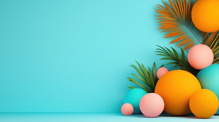 Poster - Minimalist still life arrangement featuring orange pink and turquoise spheres against a clean modern turquoise background creating a dynamic and captivating visual for product design or advertising