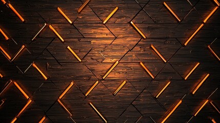 Poster - Striking abstract geometric pattern featuring intersecting orange lines and angles on a rustic dark wooden backdrop creating a dynamic and visually captivating composition