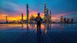 © EchoFrame - Engineer overseeing solar panel array at oil refinery during sunset with vibrant sky and industrial landscape offering clean energy solution