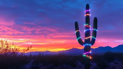 Wall Mural - Cactus with multicolored lights against a vibrant sunset in the desert. Holiday concept