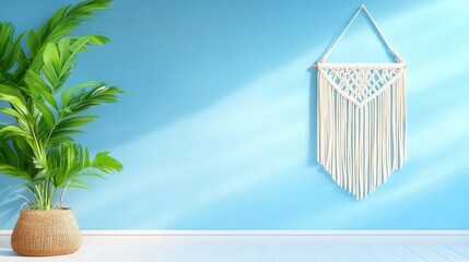 Poster - A stylish room featuring a macrame wall hanging and a lush green plant against a vibrant blue wall, creating a fresh and modern atmosphere, macramé texture